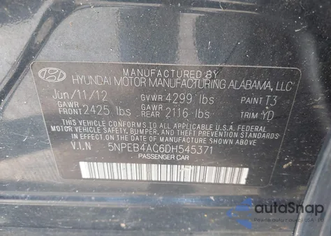 2013 Hyundai Sonata Gls from USA, damaged, VIN 5NPEB4AC6DH545371